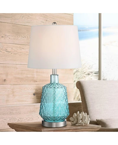360 Lighting Ronald Modern Coastal Accent Table Lamp 22" High Blue Textured Glass Nickel Pole White Drum Shade for Bedroom Living Room Nightstand