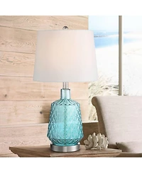 360 Lighting Ronald Modern Coastal Accent Table Lamp 22" High Blue Textured Glass Nickel Pole White Drum Shade for Bedroom Living Room Nightstand