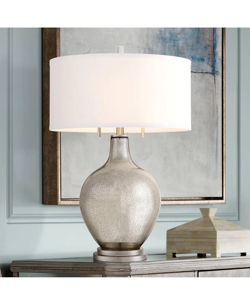 Possini Euro Design Louie 28 1/2" Tall Modern Luxe End Table Lamp Silver Mercury Glass Single White Shade Living Room Bedroom