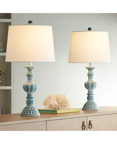 Tanya Coastal Traditional Vintage like Style Table Lamps 26.5" High Set of 2 Blue Washed White Tapered Drum Shade Decor for Living Room Bedroom B