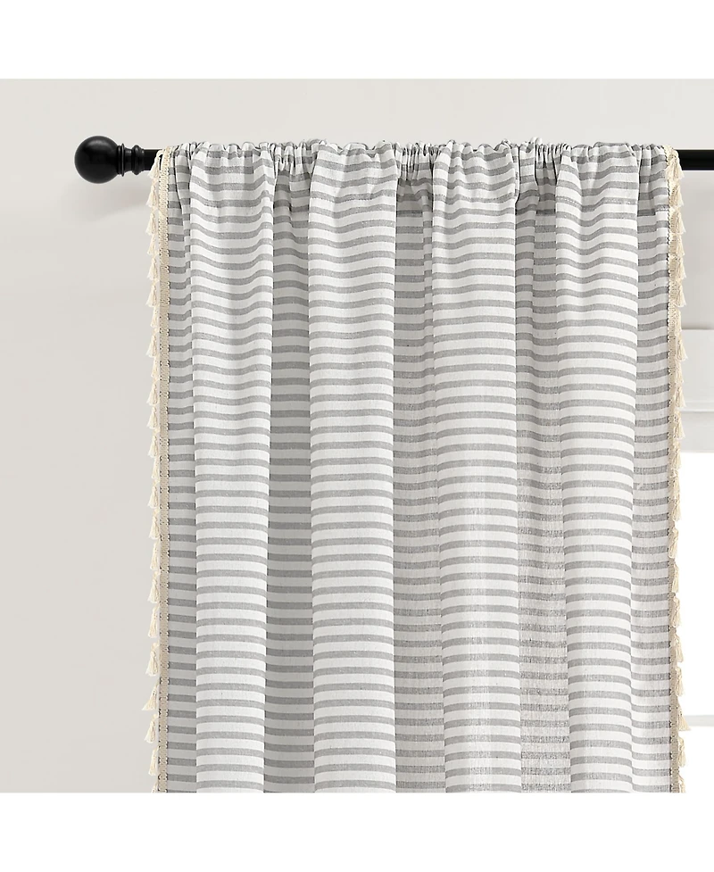 Boho Coastal Horizontal Ticking Stripe Tassel Window Curtain Panels