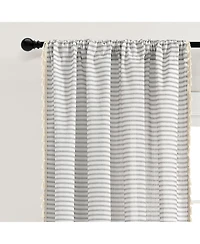 Boho Coastal Horizontal Ticking Stripe Tassel Window Curtain Panels