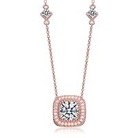 Sterling Silver Cubic Zirconia 18K Rose Gold Plated Square Stud Necklace