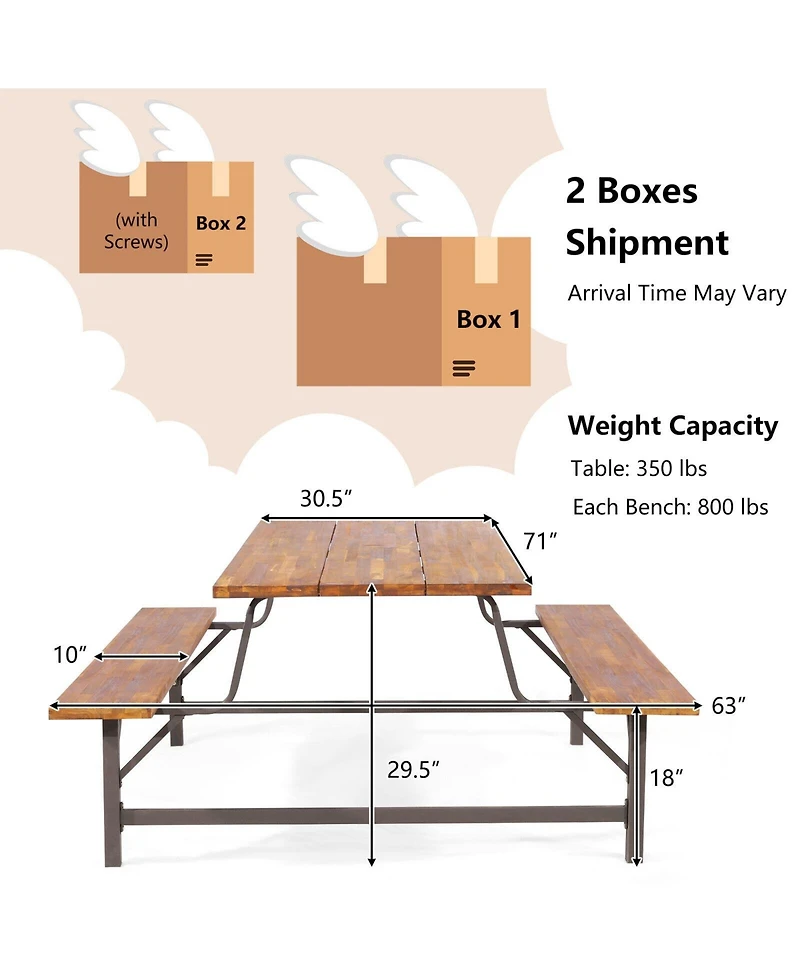 Sugift 6-Person Outdoor Dining Table Picnic Table and Bench Set with 2 Inch Umbrella Hole