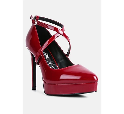pixie dust patent faux leather cross strap pumps