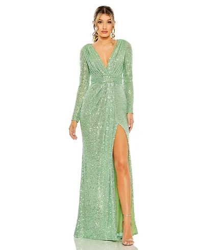 Mac Duggal Women's Floor-Length Sequin Gown Featuring Long Sleeves and Sheer Accents