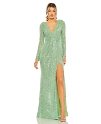 Mac Duggal Women's Floor-Length Sequin Gown Featuring Long Sleeves and Sheer Accents
