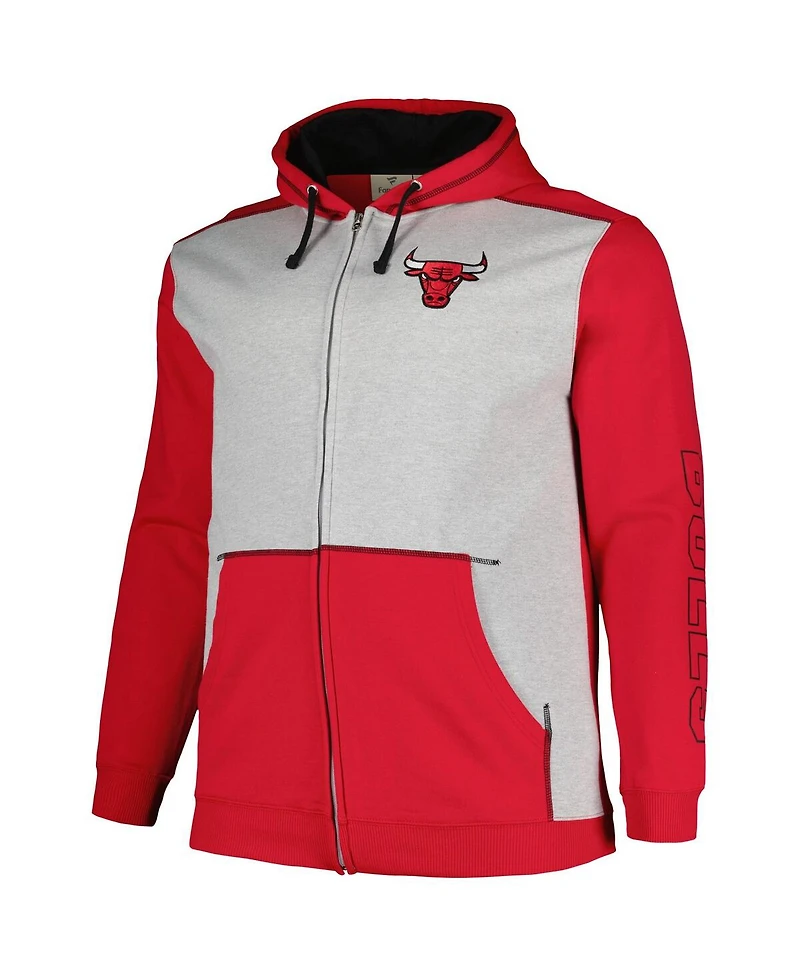Men's Fanatics Red, Heather Gray Chicago Bulls Big and Tall Contrast Pieced Stitched Full-Zip Hoodie