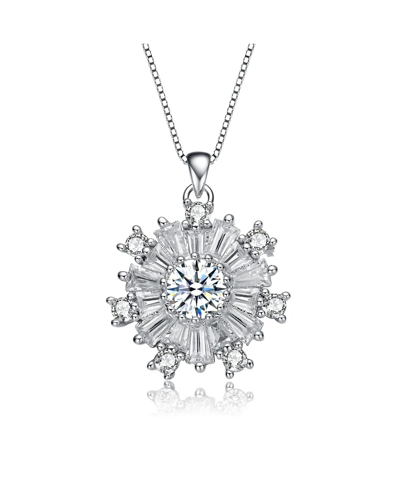 White Gold Plated with Cubic Zirconia Flower Snowflake Pendant Necklace