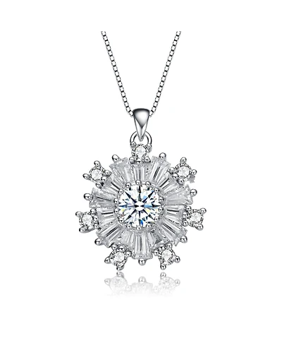 White Gold Plated with Cubic Zirconia Flower Snowflake Pendant Necklace