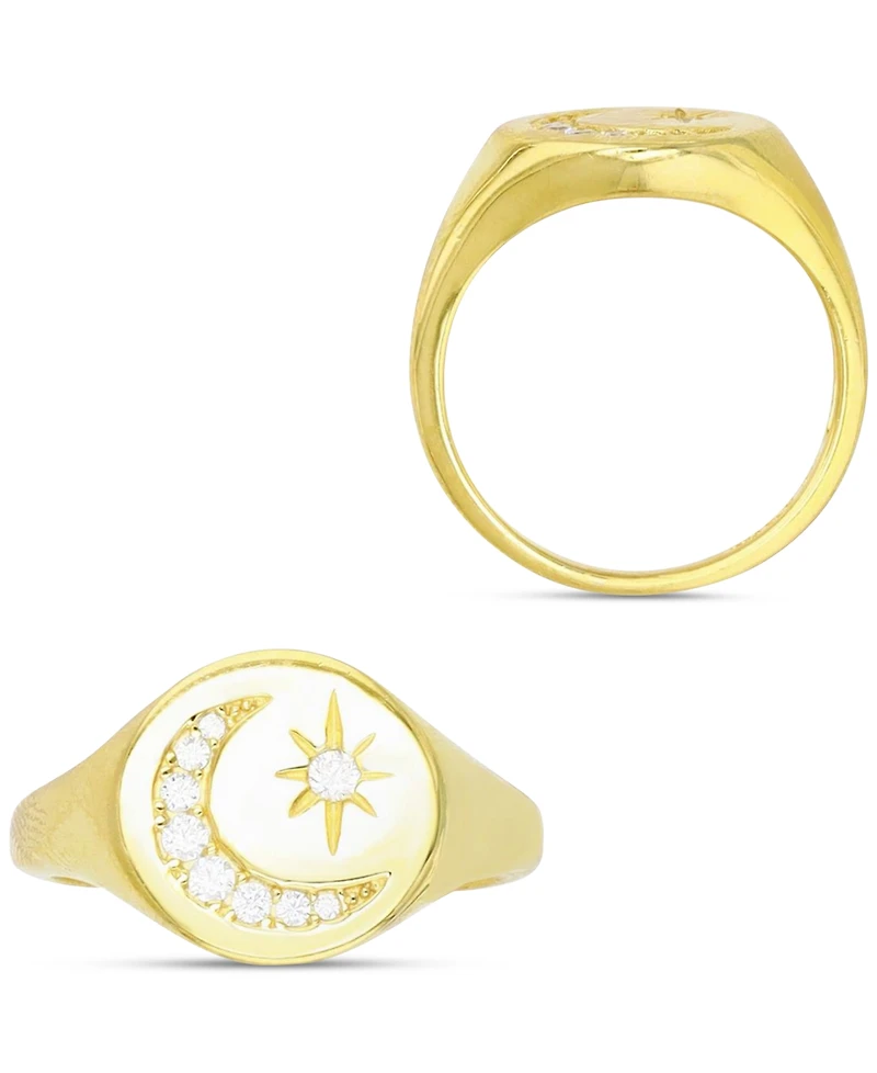 Cubic Zirconia Crescent Moon & Star Signet Ring in 14k Gold-Plated Sterling Silver