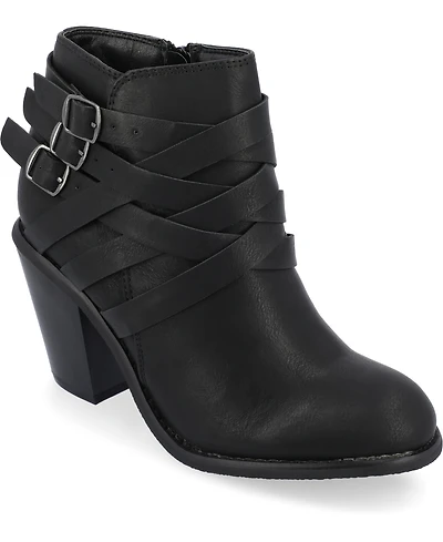 Journee Collection Women's Strap Round Toe Stacked Heel Dress Booties