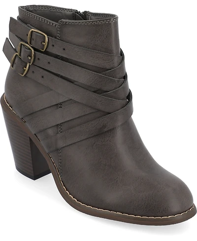 Journee Collection Women's Strap Round Toe Stacked Heel Dress Booties