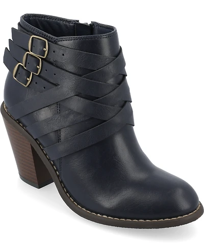 Journee Collection Women's Strap Round Toe Stacked Heel Dress Booties