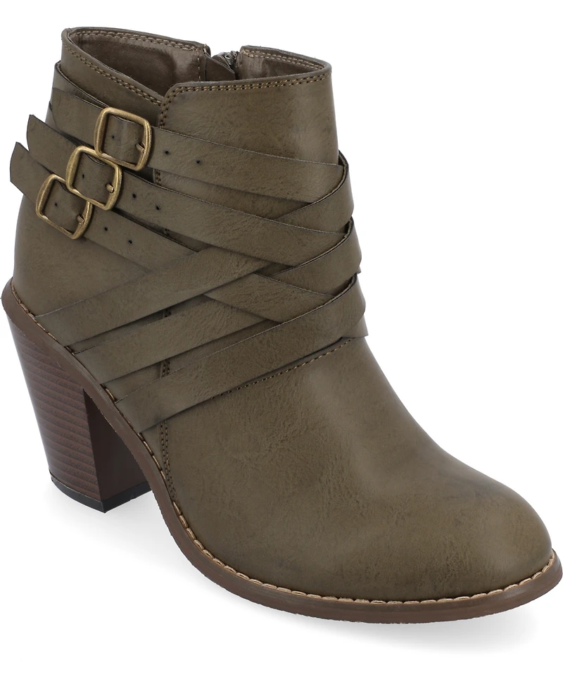 Journee Collection Women's Strap Round Toe Stacked Heel Dress Booties