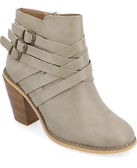 Journee Collection Women's Strap Round Toe Stacked Heel Dress Booties
