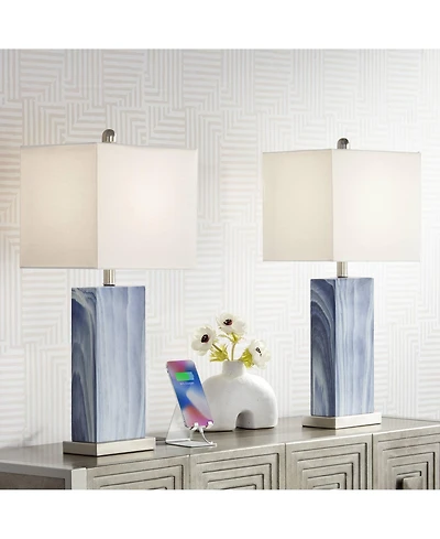 360 Lighting Connie Modern Table Lamps 25" High Set of 2 Blue Faux Marble with Usb Charging Port White Rectangular Shade for Living Room Office D