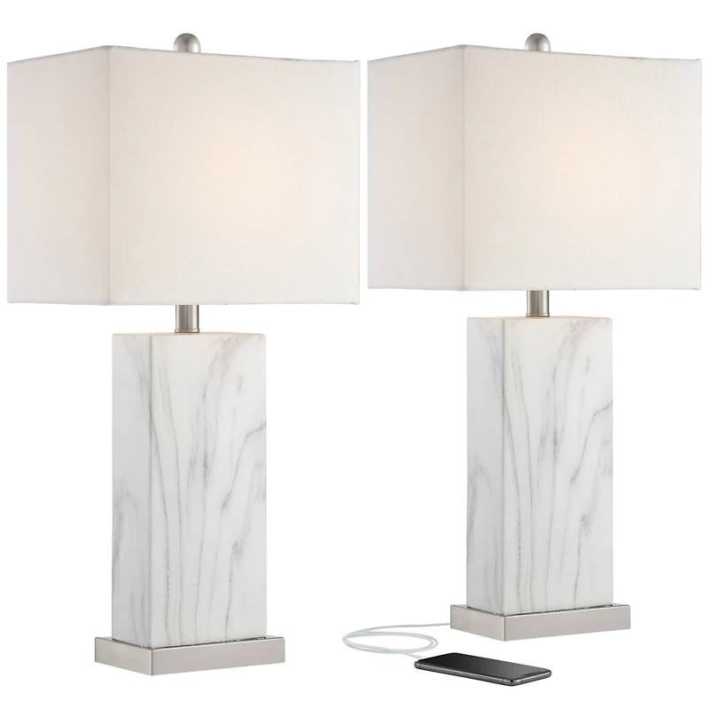 360 Lighting Connie Modern Table Lamps 25" High Set of 2 White Faux Marble with Usb Charging Ports Rectangular Shade for Living Room Office Desk