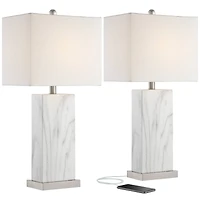 360 Lighting Connie Modern Table Lamps 25" High Set of 2 White Faux Marble with Usb Charging Ports Rectangular Shade for Living Room Office Desk