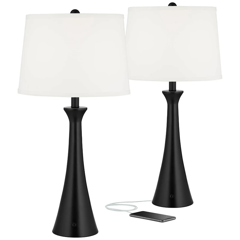 360 Lighting Karl Modern Table Lamps 28 1/4" Tall Set of 2 Black Metal with Usb and Ac Power Outlet in Base White Drum Shade for Bedroom Living R