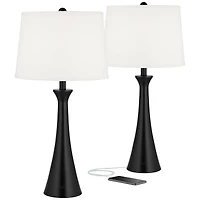 360 Lighting Karl Modern Table Lamps 28 1/4" Tall Set of 2 Black Metal with Usb and Ac Power Outlet in Base White Drum Shade for Bedroom Living R