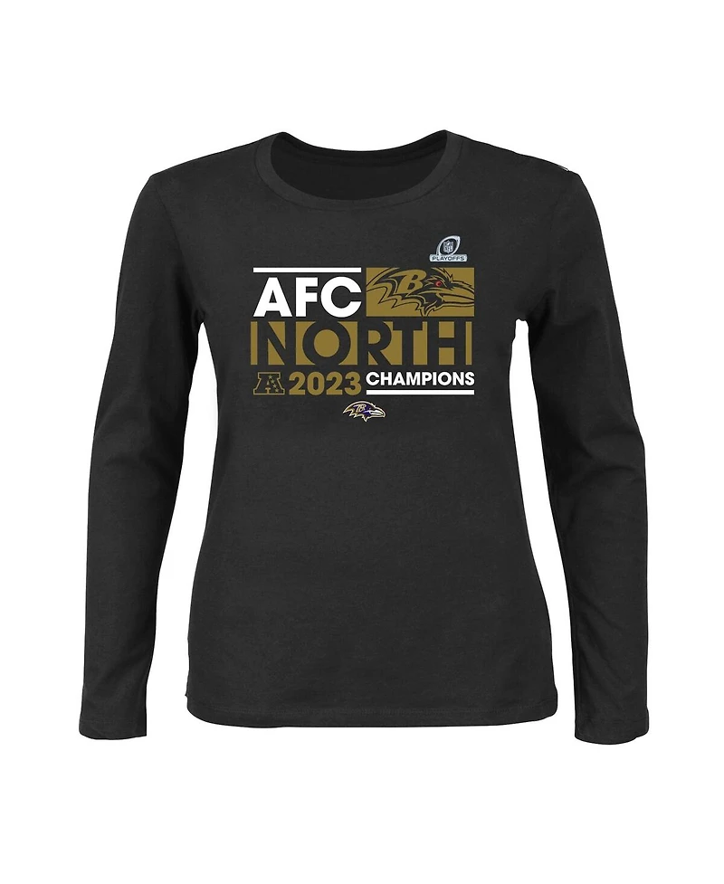 Women's Fanatics Black Baltimore Ravens 2023 Afc North Division Champions Plus Conquer Long Sleeve Crew Neck T-shirt