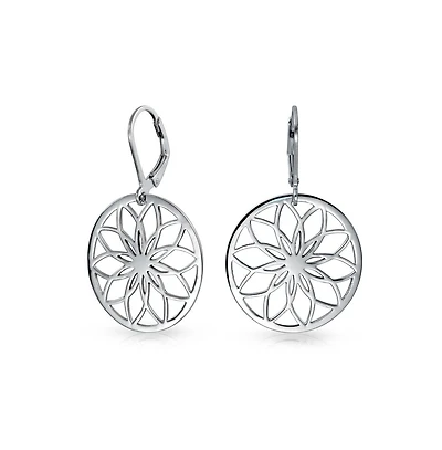 Bling Jewelry Geometric Floral Garden Round Circle Disc Cutout Flower Dangle Earrings Sterling Silver Lever Back