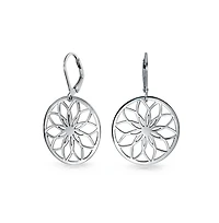 Bling Jewelry Geometric Floral Garden Round Circle Disc Cutout Flower Dangle Earrings Sterling Silver Lever Back