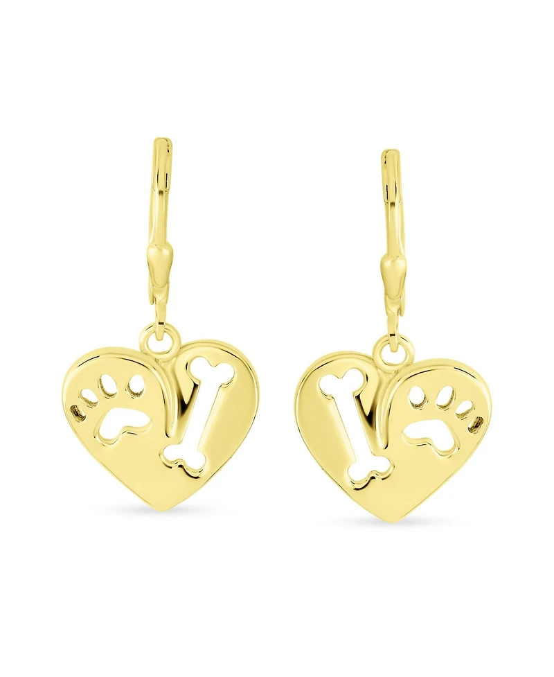 Bling Jewelry I Love My Dog Heart Shape Cut Out Puppy Pet Bone Animal Lover Paw Print Drop Dangle Lever back Earrings Gold Plated Sterling Silver