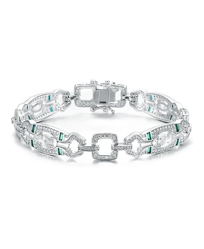 Antique Sterling Silver White Gold Plated Clear Round Baguette Cubic Zirconia Link Bracelet