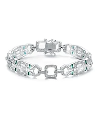 Antique Sterling Silver White Gold Plated Clear Round Baguette Cubic Zirconia Link Bracelet