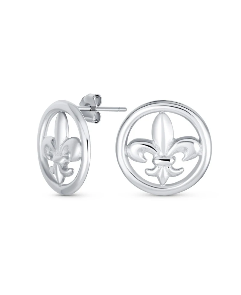 Bling Jewelry Ancient Symbol Lily Flower Circle Disc Fleur De Lis Stud Earrings MenLightweight Sterling Silver