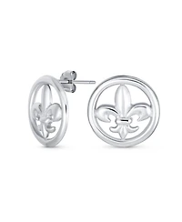 Bling Jewelry Ancient Symbol Lily Flower Circle Disc Fleur De Lis Stud Earrings MenLightweight Sterling Silver