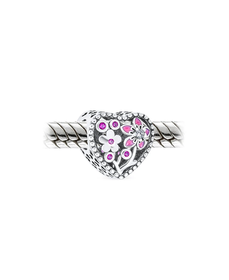 Bling Jewelry Valentine Cz Accent Love Grows With Pink Red Enamel Flower Heart Shape Charm Bead Sterling Silver Fits European Bracelet