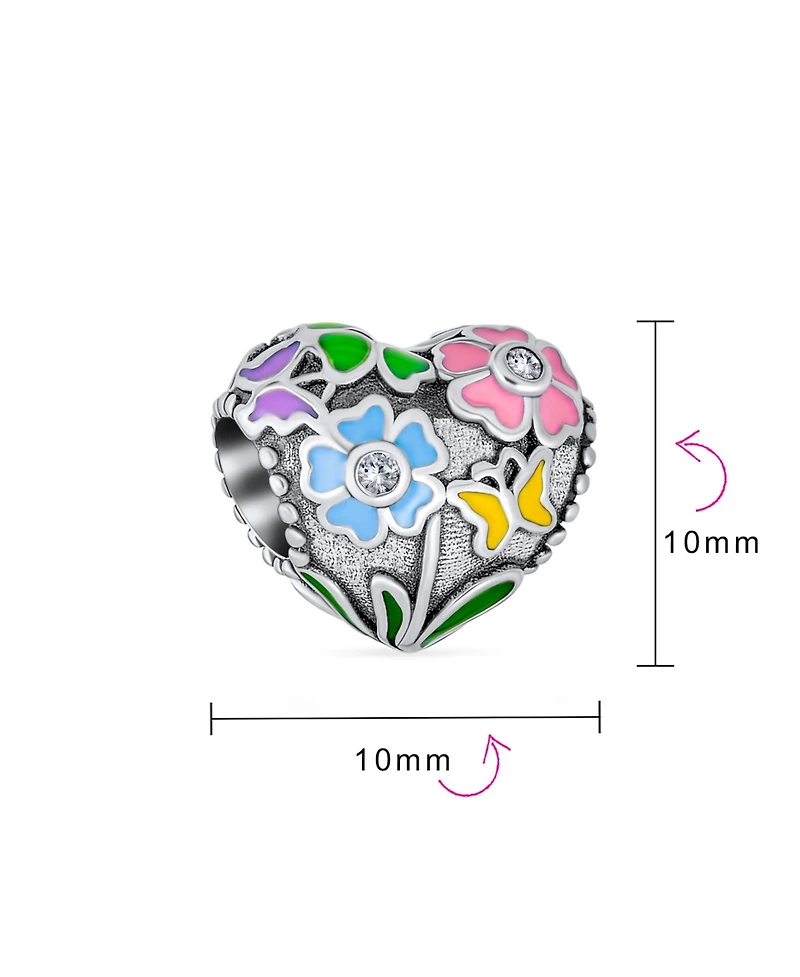 Bling Jewelry Valentine Cz Accent Love Grows Multi Color Enamel Floral Bouquet 3D Flower Heart Shape Charm Bead Sterling Silver Fits European Bracelet