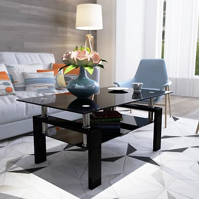 Streamdale Modern Black Glass Coffee Table Set for Living Room