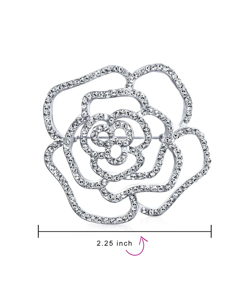 Bling Jewelry Large Fashion Statement Rose Flower Brooch Pin with Sparkling Crystals Silver Tone