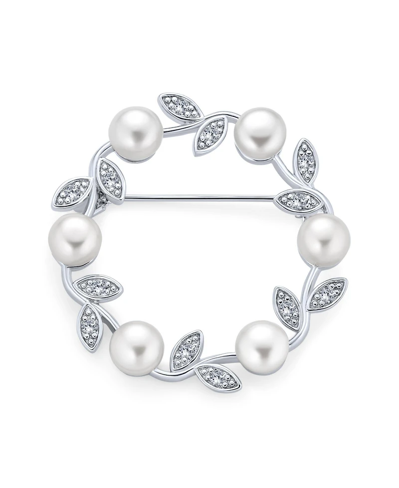 Bling Jewelry Elegant Classic White 7MM Freshwater Cultured Pearl Circle Leaf Scarf Brooch Pin Sterling Silver