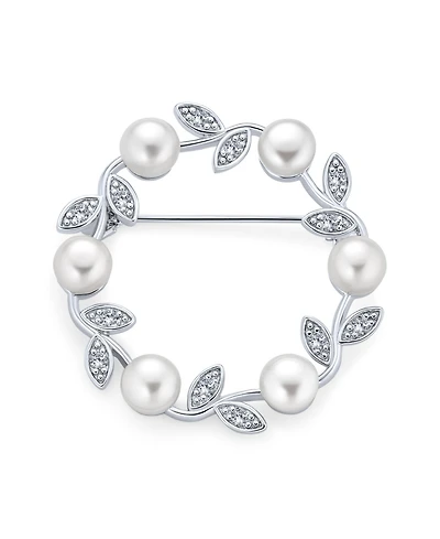Bling Jewelry Elegant Classic White 7MM Freshwater Cultured Pearl Circle Leaf Scarf Brooch Pin Sterling Silver