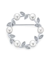Bling Jewelry Elegant Classic White 7MM Freshwater Cultured Pearl Circle Leaf Scarf Brooch Pin Sterling Silver