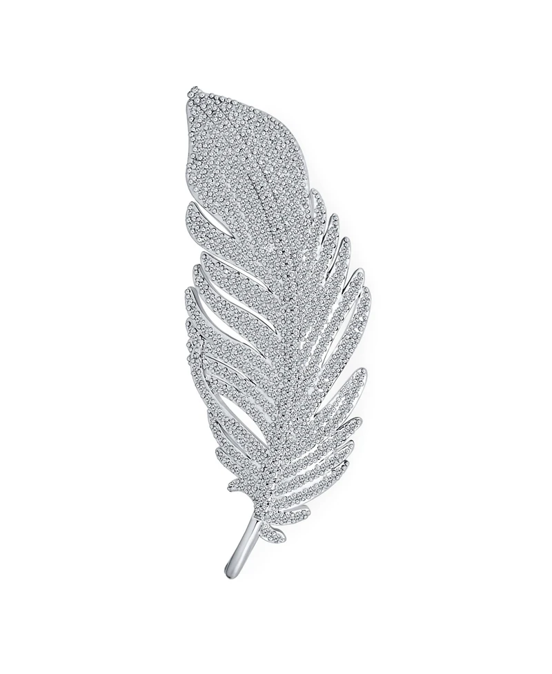Bling Jewelry Classic Elegant Style Large Micro Pave Cz Fan Feather Leaf Brooch Pin Pendant 2 in 1 Rhodium Brass