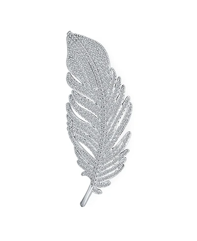 Bling Jewelry Classic Elegant Style Large Micro Pave Cz Fan Feather Leaf Brooch Pin Pendant 2 in 1 Rhodium Brass