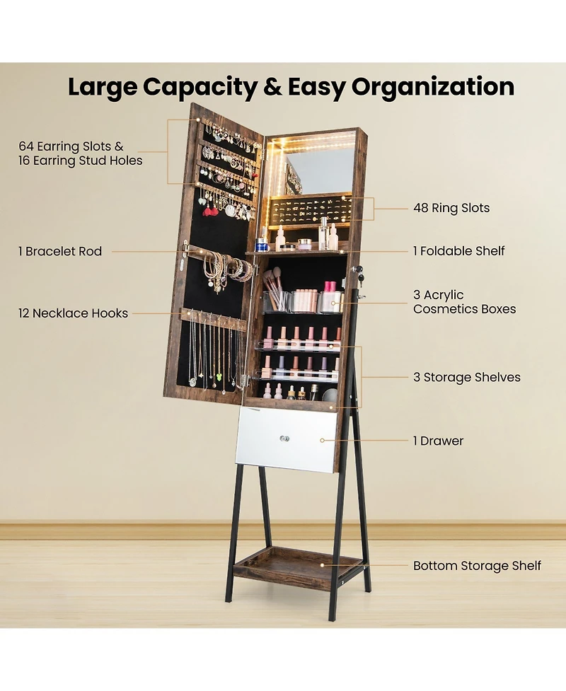 Sugift Lockable Freestanding Jewelry Organizer with Full-Length Frameless Mirror