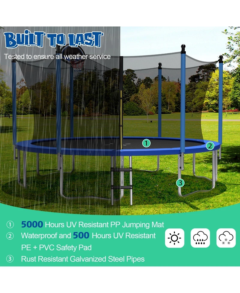 Outdoor Recreational Trampoline with Ladder and Enclosure Net-12 ft
