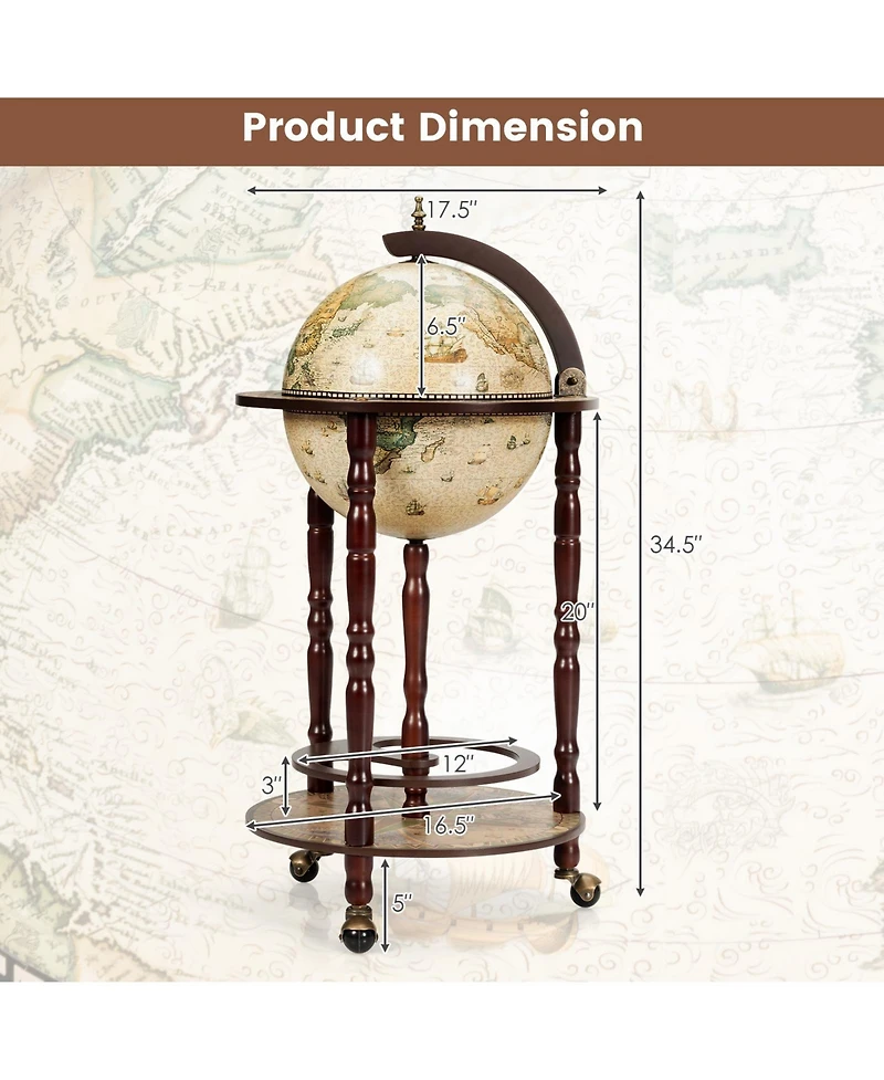 Sugift 17 Inch Italian Style Design Wooden Globe Liquor Bottle Wine Rack with Wheels