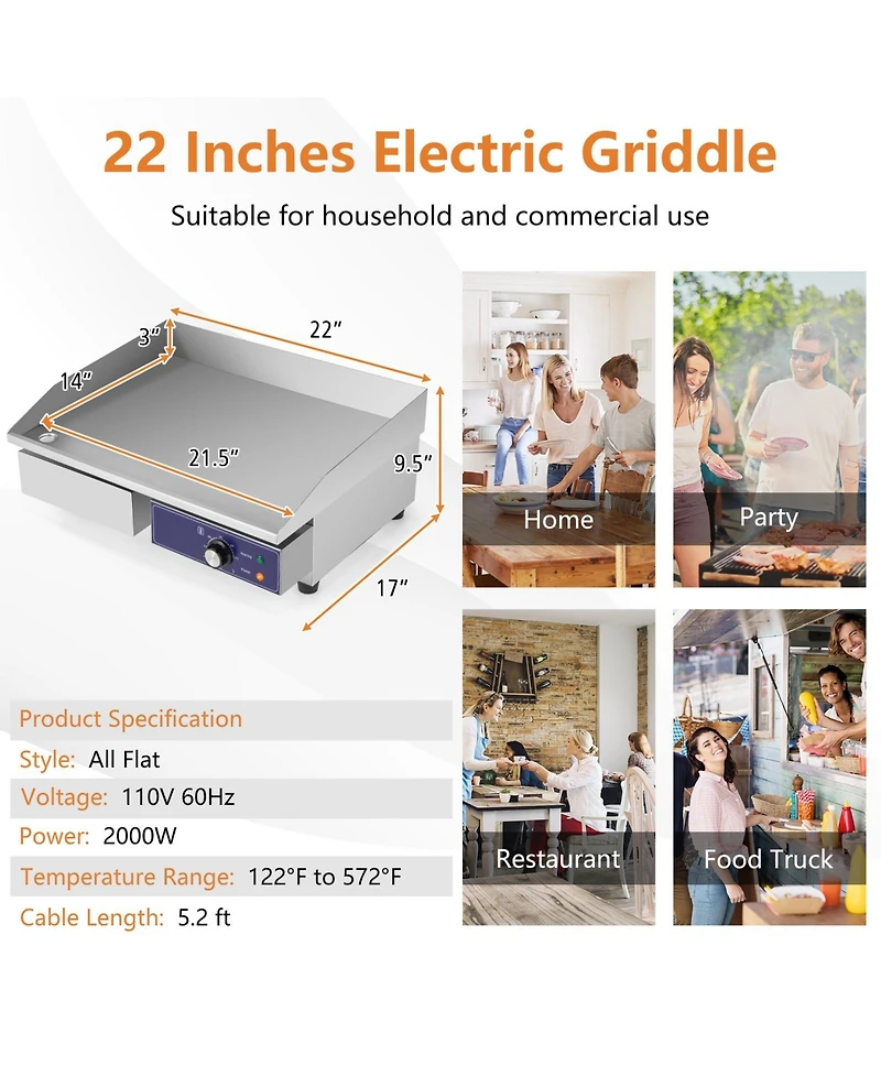 Sugift Commercial Electric Griddle with 122 -572 Adjustable Temperature Control
