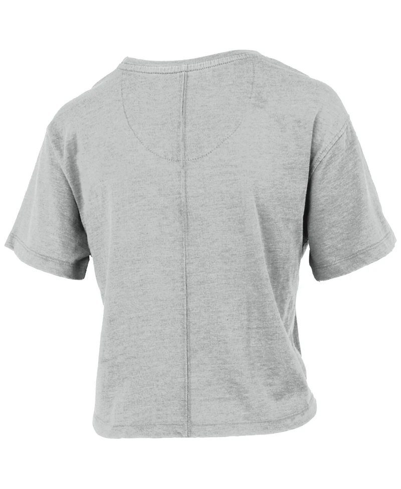 Women's Pressbox Gray Distressed Michigan Wolverines College Football Playoff 2023 National Champions Vintage-Like Waist-Length T-shirt