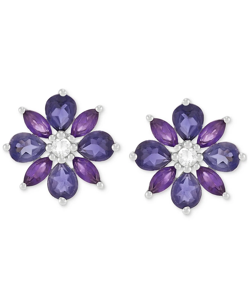 Iolite (1 ct. t.w.), Amethyst (1/2 ct. t.w.) & White Topaz (1/20 ct. t.w) Flower Stud Earrings in Sterling Silver