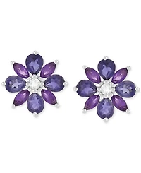 Iolite (1 ct. t.w.), Amethyst (1/2 ct. t.w.) & White Topaz (1/20 ct. t.w) Flower Stud Earrings in Sterling Silver