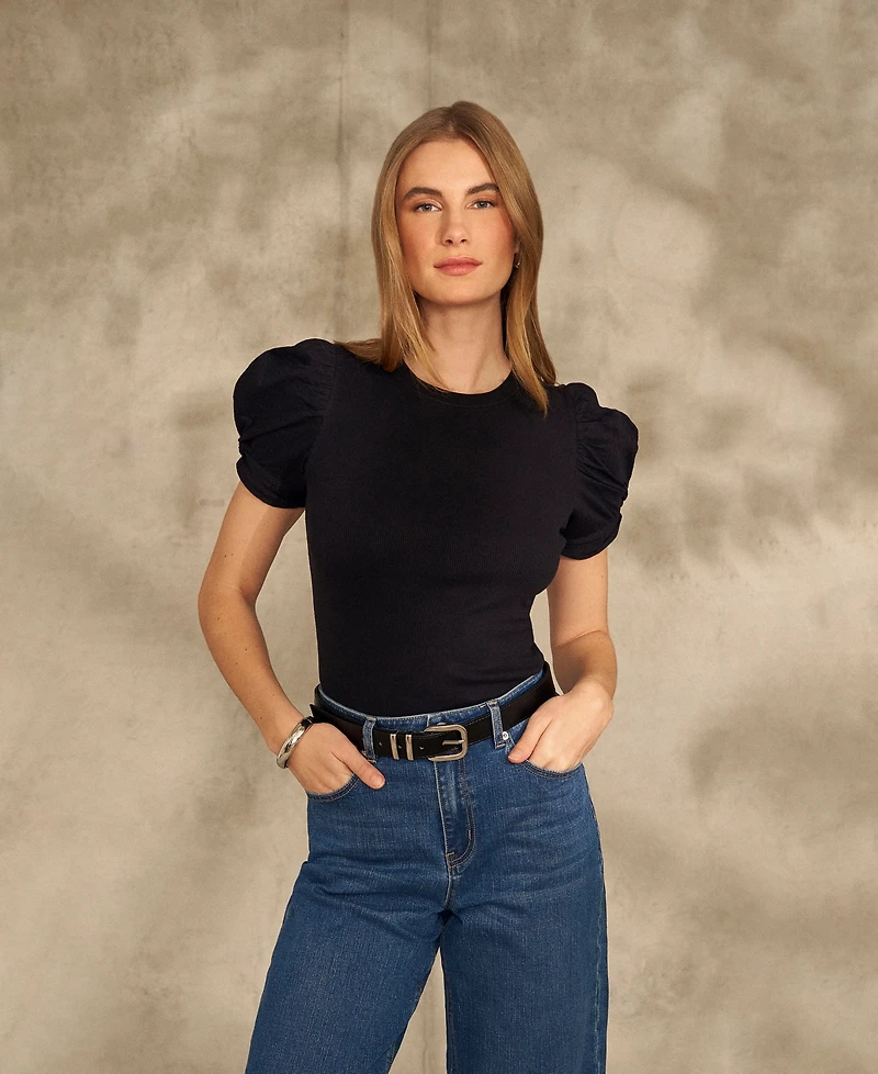 1.state Women's Puff Sleeve Short Knit T-shirt